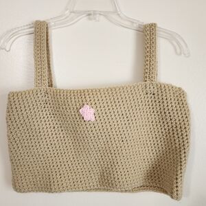Beige Crochet Crop Top with Pink Accent